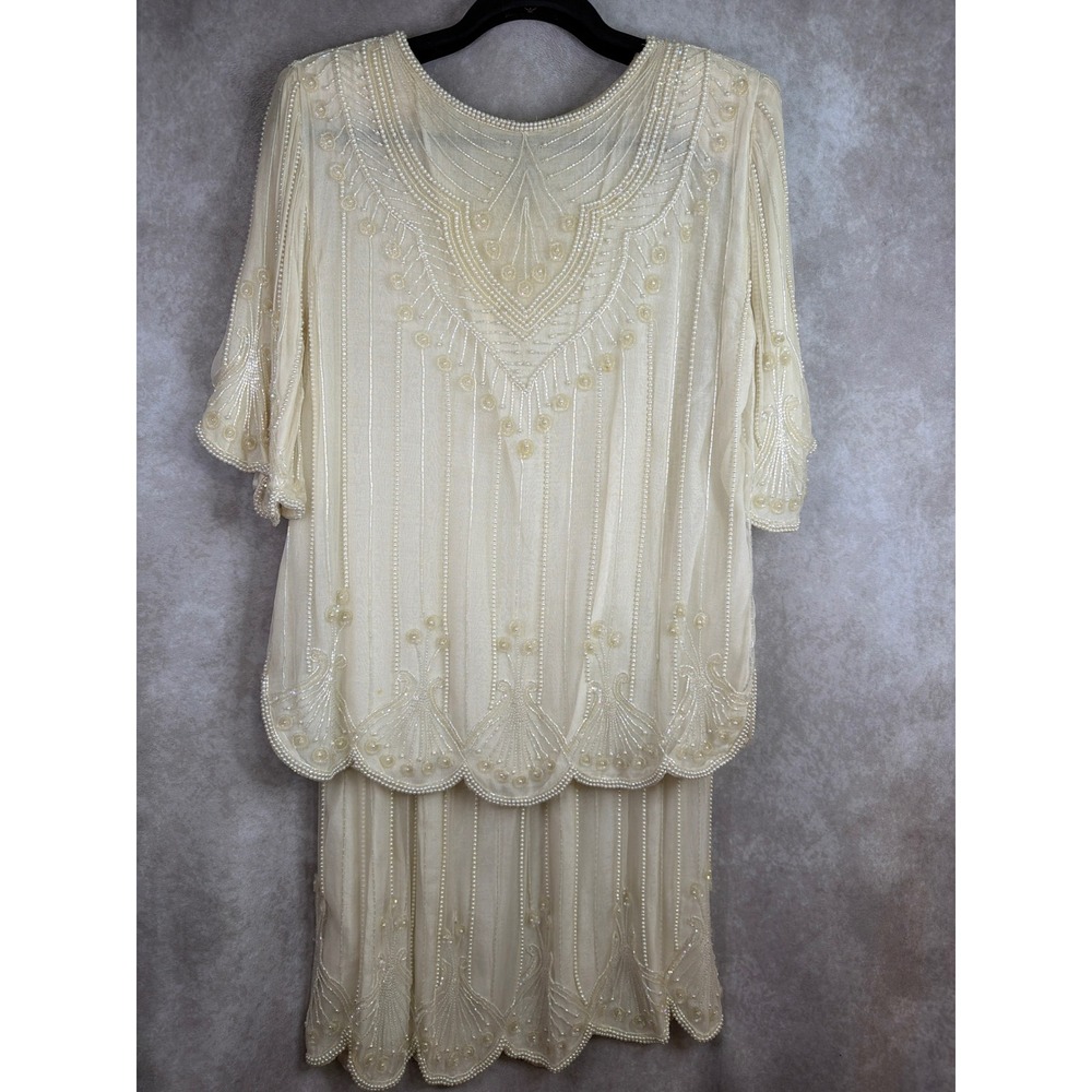 VTG 70s Mark & John II Silk Beaded Skirt Set Women Cream Pearl Art Deco Formal
